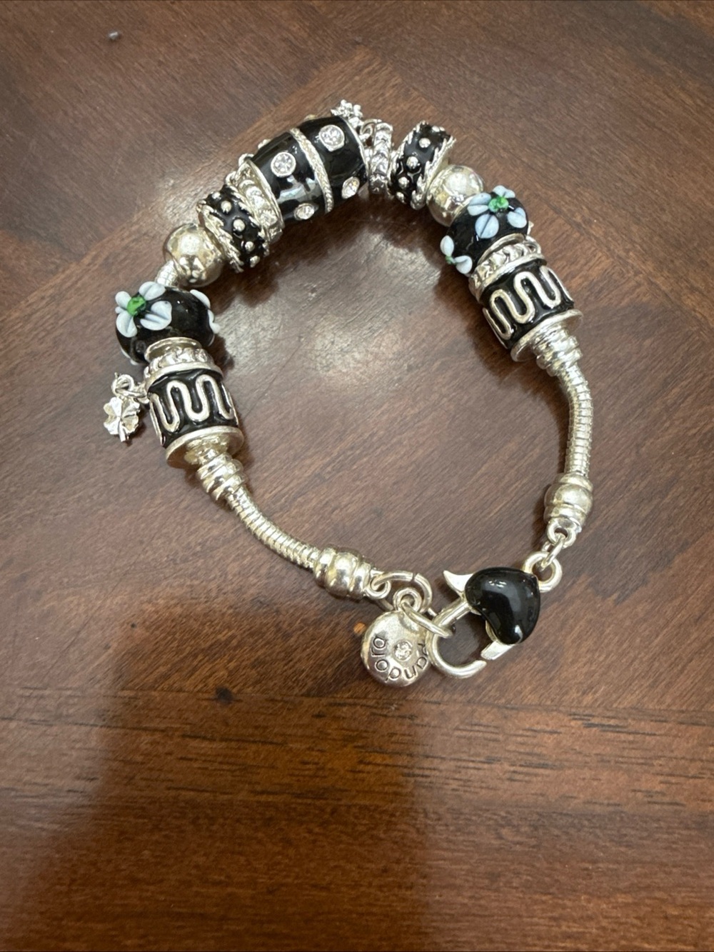 Pandora Black Floral Glass Bead Bracelet with Silver Accents (157)